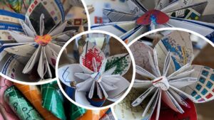 Montage de 5 photos de fleurs de papier réalisées à partir de cartes météorologiques