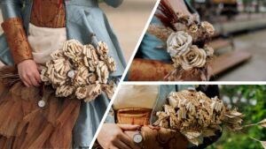 Montage de 3 photos de bouquet de fleurs de papier et fleurs séchées dans les tons beige et marron sur la thématique "mariage steampunk"